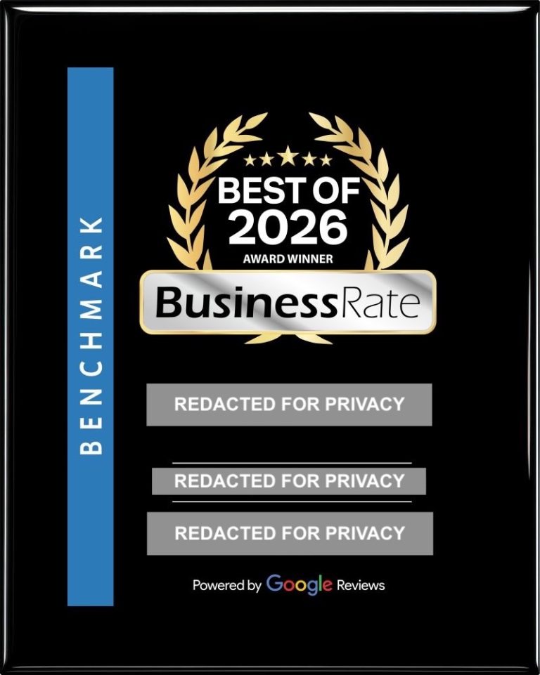 Example of a BusinessRate “Best of 2026” award plaque, with business details redacted